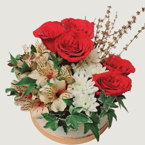 Fiery Petals Ensemble - Basket of Red Roses, Chrysanthemums & Alstromaria 