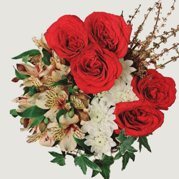 Fiery Petals Ensemble - Basket of Red Roses, Chrysanthemums & Alstromaria  - Image 2