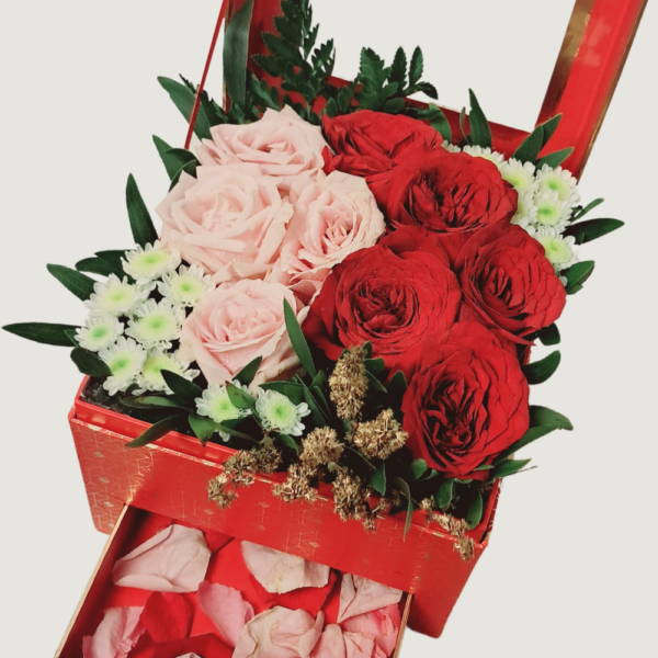 Harmony Bloom Basket- 5 red roses, 4 pink roses & 3 chrysanthemums 