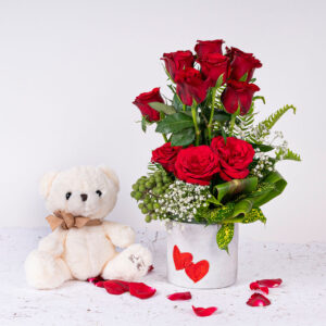 15 Red Roses in a Heart Vase +Teddy Bear