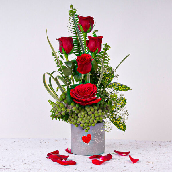 5 Red Roses  in a Heart Vase