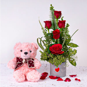 5 Red  Roses in a Heart Vase +Teddy Bear