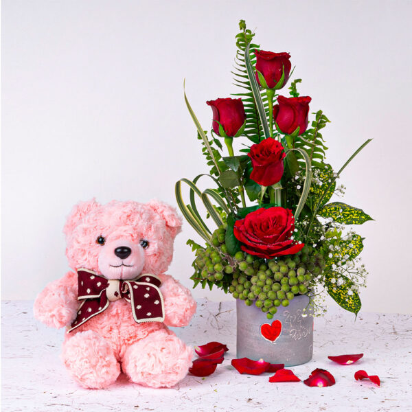 5 Red  Roses in a Heart Vase +Teddy Bear