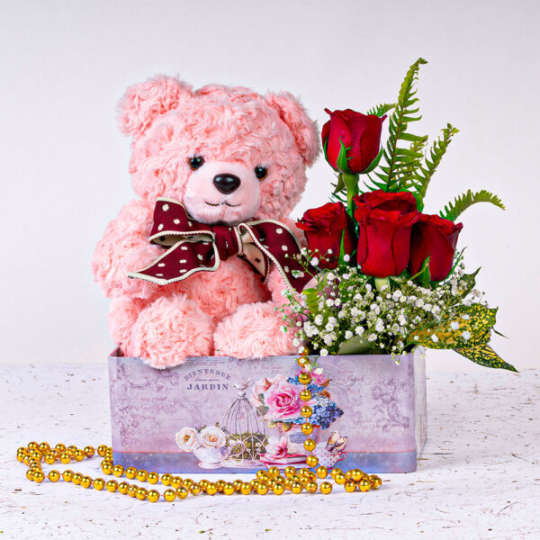 5 Red Roses Basket with Teddy bear