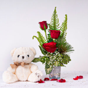 3 Red Roses in a Vase + Teddy Bear