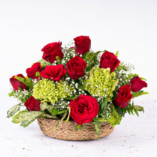 15 Red Roses Basket with Hydrangea