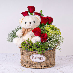 07 Red Roses Basket + Teddy Bear