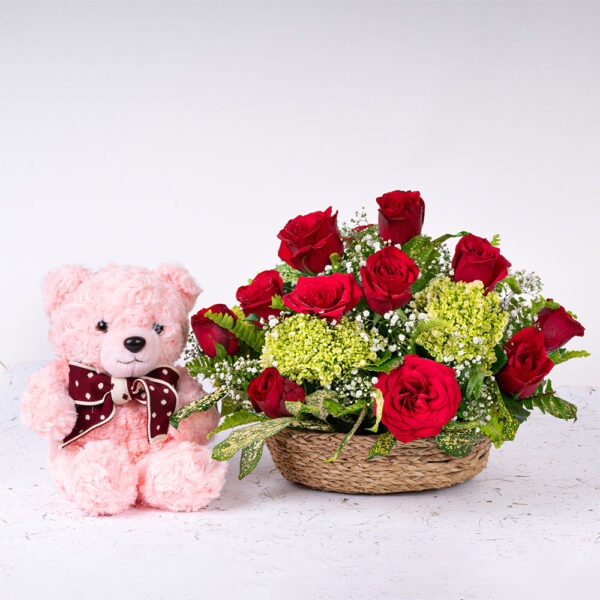 15 Red Roses Basket with hydrangea and Teddy Bear