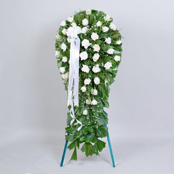45 white roses in a stand