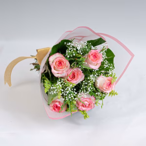 6 pink roses and baby's breath 